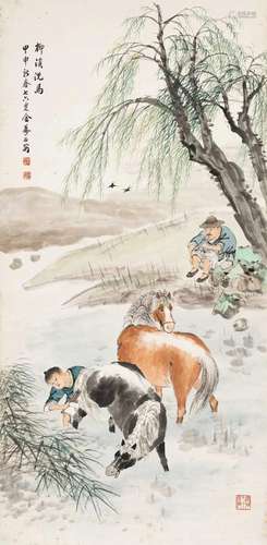 金梦石 甲申(1944年)作 柳溪洗马 镜心