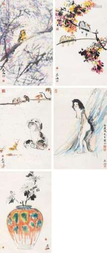 何宝森 己巳(1989年)作 花鸟人物五幅 镜心