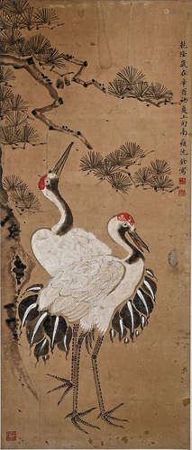 A Chinese Pine Crane Painting, Ink And Color On Silk, Well M...