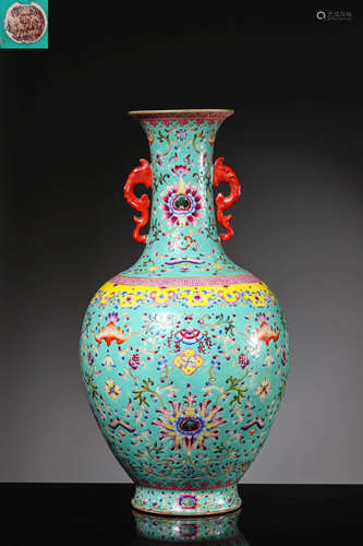 A Famille Rose Flower Double-Eared Vase, Qianlong Six-Charac...