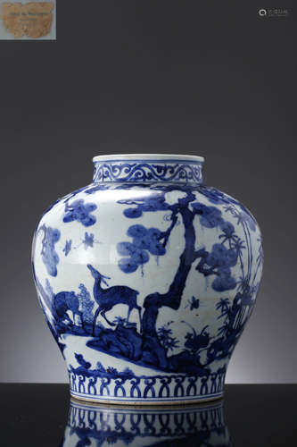 A Blue And White Deer Crane Bamboo Pine Prunus Jar, Jiajing ...