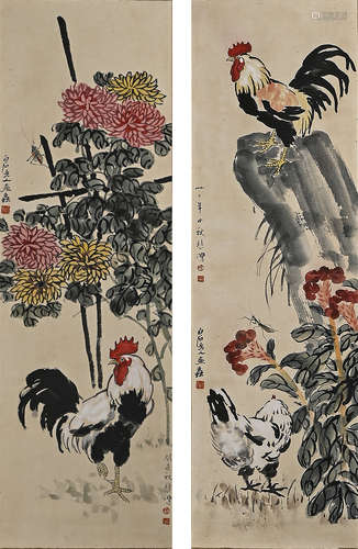 A Pair Of Chinese Rooster And Insects Painting Silk Scrolls,...