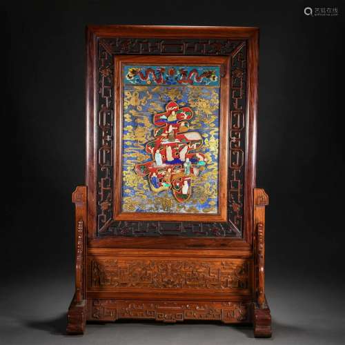 A Chinese Hard-stones Inlaid Aloeswood Table Screen