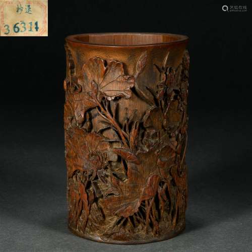 A Chinese Carved Rosewood Lotus Pond Brushpot