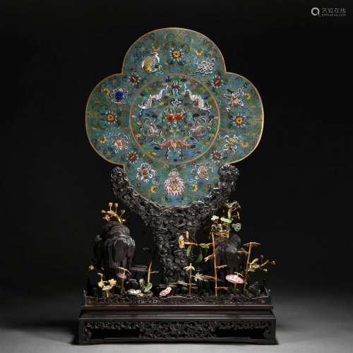 A Chinese Hard-stone Inlaid Cloisonne Enamel Table Screen