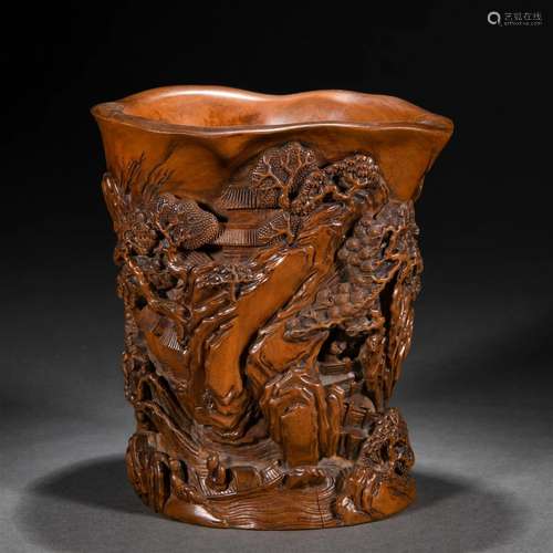 A Chinese Carved Boxwood Landscape Brushpot