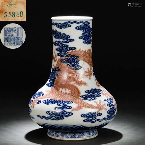 A Chinese Underglaze Blue and Copper Red Dragon Vase