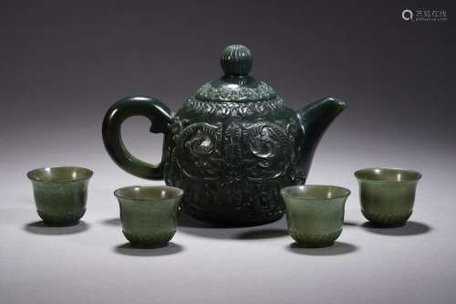 A Set of Carved Spinach Green Jade Table-wares