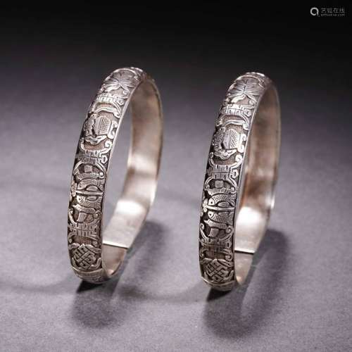 Pair Silver Eight Treasures Bangles