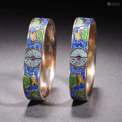 Pair Enameled Silver Bangles