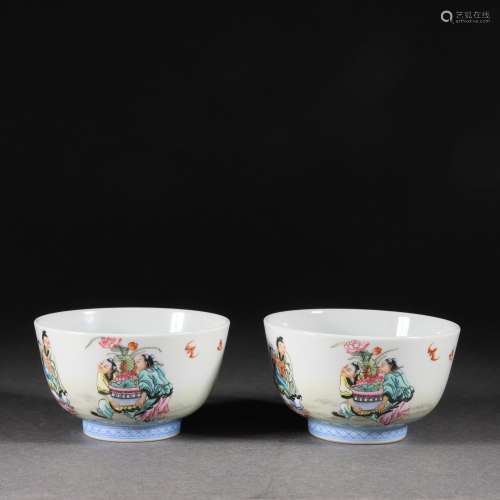 Pair Falangcai Glaze Figural Story Cups