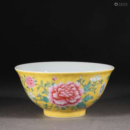 A Yellow Ground Famille Rose Peony Bowl