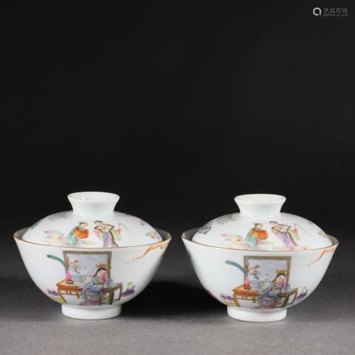 Pair Famille Rose Figural Story Bowls with Covers