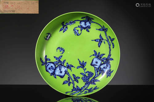 A Green Ground And Underglaze Blue Bats And Peach Dish, Yong...