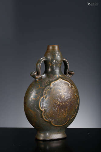 A Tea-Dust Glaze Gold-Decorated Gourds-Shape Flat Vase, Qian...