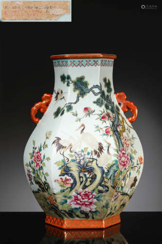 A Famille Rose Crane Pine Hexagonal Vase, Qianlong Mark