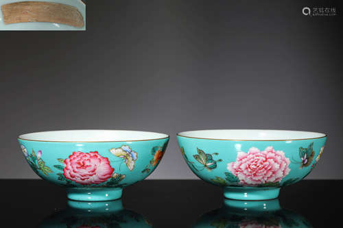 A Pair Of Turquoise Ground Famille Rose Butterfly And Flower...