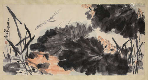 A Chinese Lotus Pond Painting, Ink And Color On Paper, Li Ku...