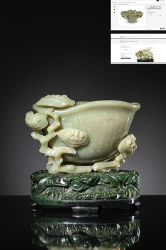 A Carved Jade Lingzhi-Form Cup With Jasper Jade Stand