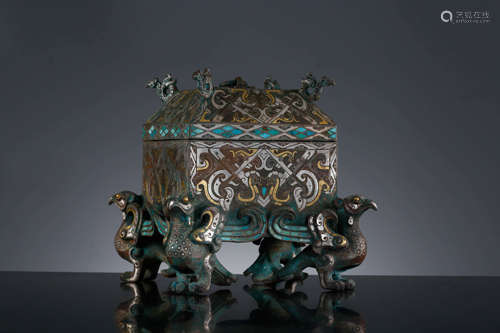 A Bronze Turquoise Gold Silver Inlay Ye Vessel