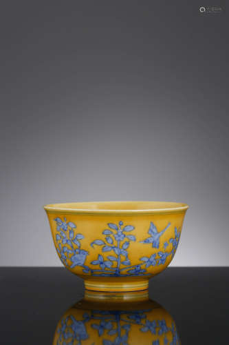 A Yellow Ground Blue And White Flower And Bird Cup, Chenghua...