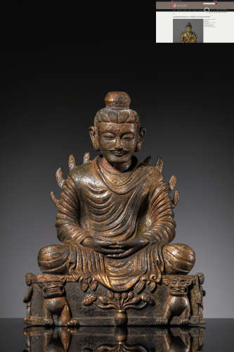 Gilt Bronze Seated Buddha Shakyamuni In Meditation With Flam...