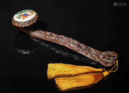 A Gems And Jade Inlaid Sandalwood Ruyi Sceptre