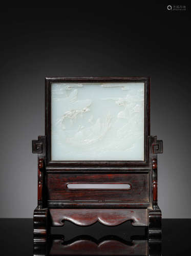 A Carved White Jade Figure Table Screen