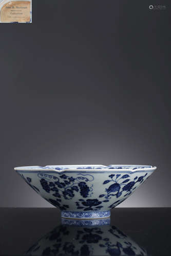 A Blue And White Fruits Conical Bowl, Xuande Six-Character M...