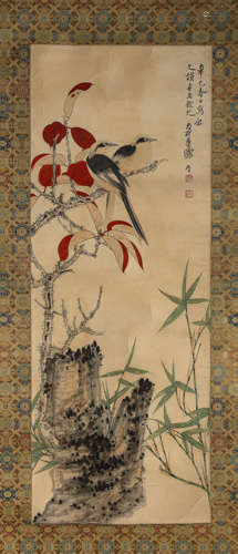 A Chinese Red Leafs Bird Painting, Hanging Scroll, Ink And C...