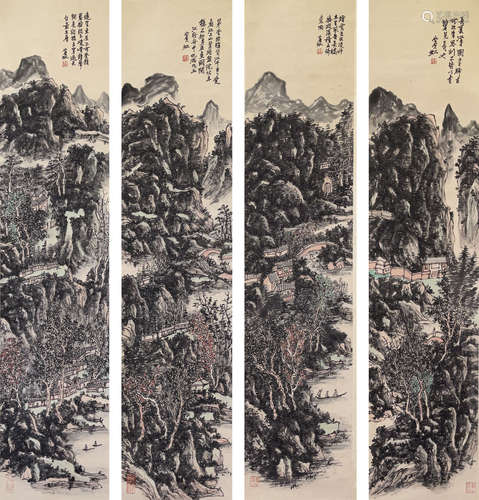 A Chinese Landscape Painting Panels Group, Ink And Color On ...