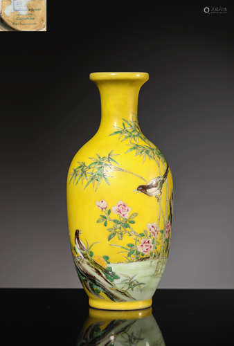 A Yellow Ground Famille Rose Flower And Bird Vase, Yongzheng...