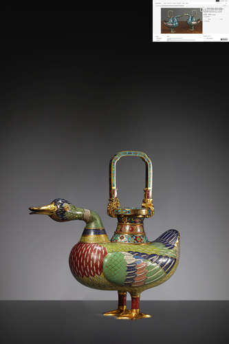 A Cloisonne Enamel Duck-Shape Perfume Burner, Qianlong Mark