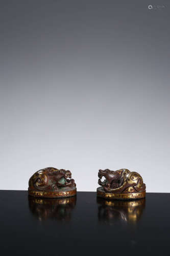 A Pair Of Bronze Gold Silver Inlay Paper Weights