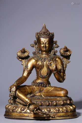 Gilt bronze inlaid turquoise green Tara seated figure