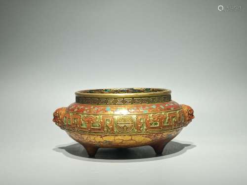 Bronze Glazed Carved Kui Feng Xianshou Double-eared Tripod I...