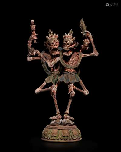 A POLYCHROMED WOOD FIGURE OF CHITIPATI TIBET, 19TH CENTURY