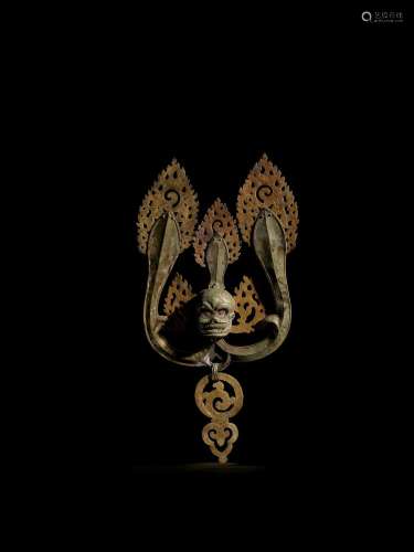 A PARCEL-GILT SILVER RITUAL TRIDENT FINIAL WITH SKULL TIBET,...
