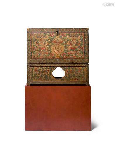 A PAINTED WOOD STORAGE CHEST AND STAND TIBET, CIRCA 18TH CEN...