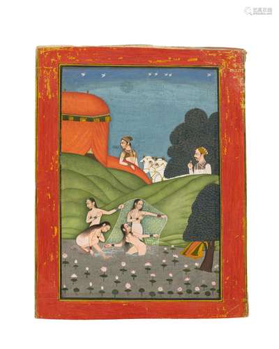 A PRINCE SURPRISES MAIDENS BATHING MURSHIDABAD, 19TH CENTURY