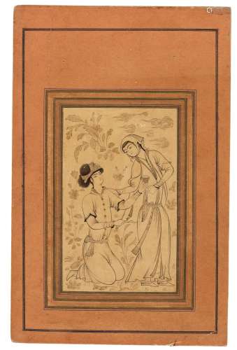 TWO DRAWINGS OF A PRINCE AND TWO LOVERS QAJAR, LATE 19TH/EAR...