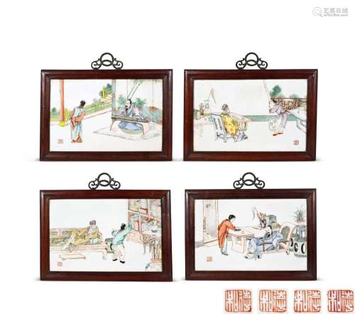 民国十八年（1929年） 粉彩琴棋书画人物故事图瓷板挂屏四扇