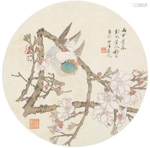 舒浩 丙申(1896年)作 雀戏图 圆光