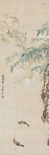 王云 癸酉(1933年)作 藤花双雀 立轴