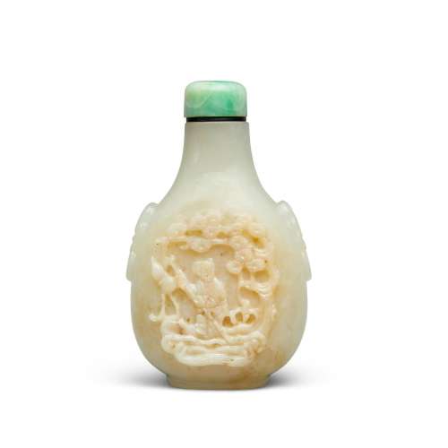 A CARVED GRAYISH-WHITE NEPHRITE 'FIGURAL' SNUFF BOTTLE 1780-...