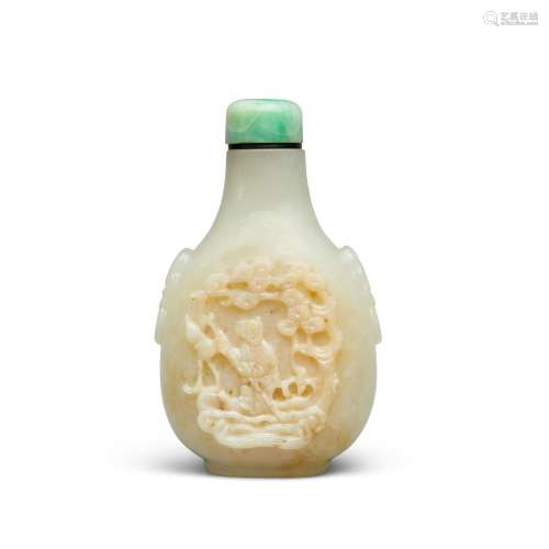A CARVED GRAYISH-WHITE NEPHRITE 'FIGURAL' SNUFF BOTTLE 1780-...