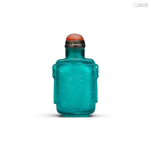 A RARE INSCRIBED TEAL GREEN GLASS SNUFF BOTTLE 1780-1850