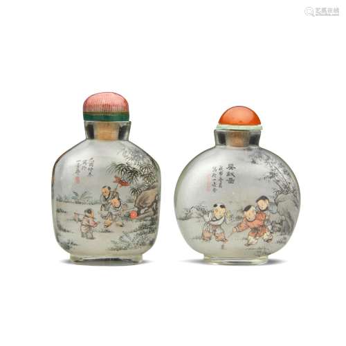 TWO INSIDE-PAINTED GLASS 'CHILDREN AT PLAY' SNUFF BOTTLES At...