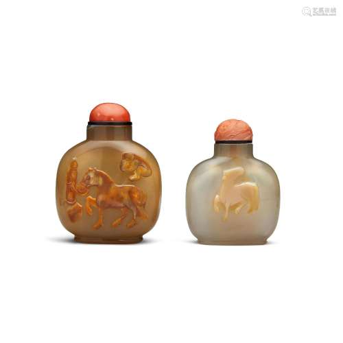 TWO CARVED AGATE 'HORSE AND MONKEY' SNUFF BOTTLES 1750-1860 ...