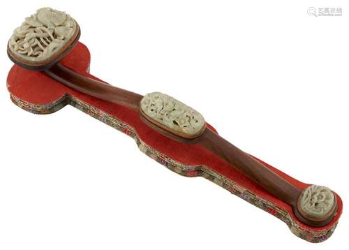 A Chinese Carved Jade and Hardwood Ruyi Scepter Length 18 &q...